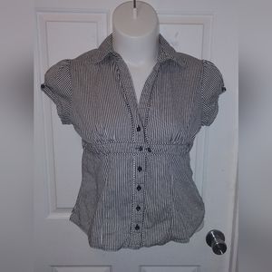 Antilia Femme Stretch Women's Black White Striped Cap Short Sleeve Blouse Sz XL